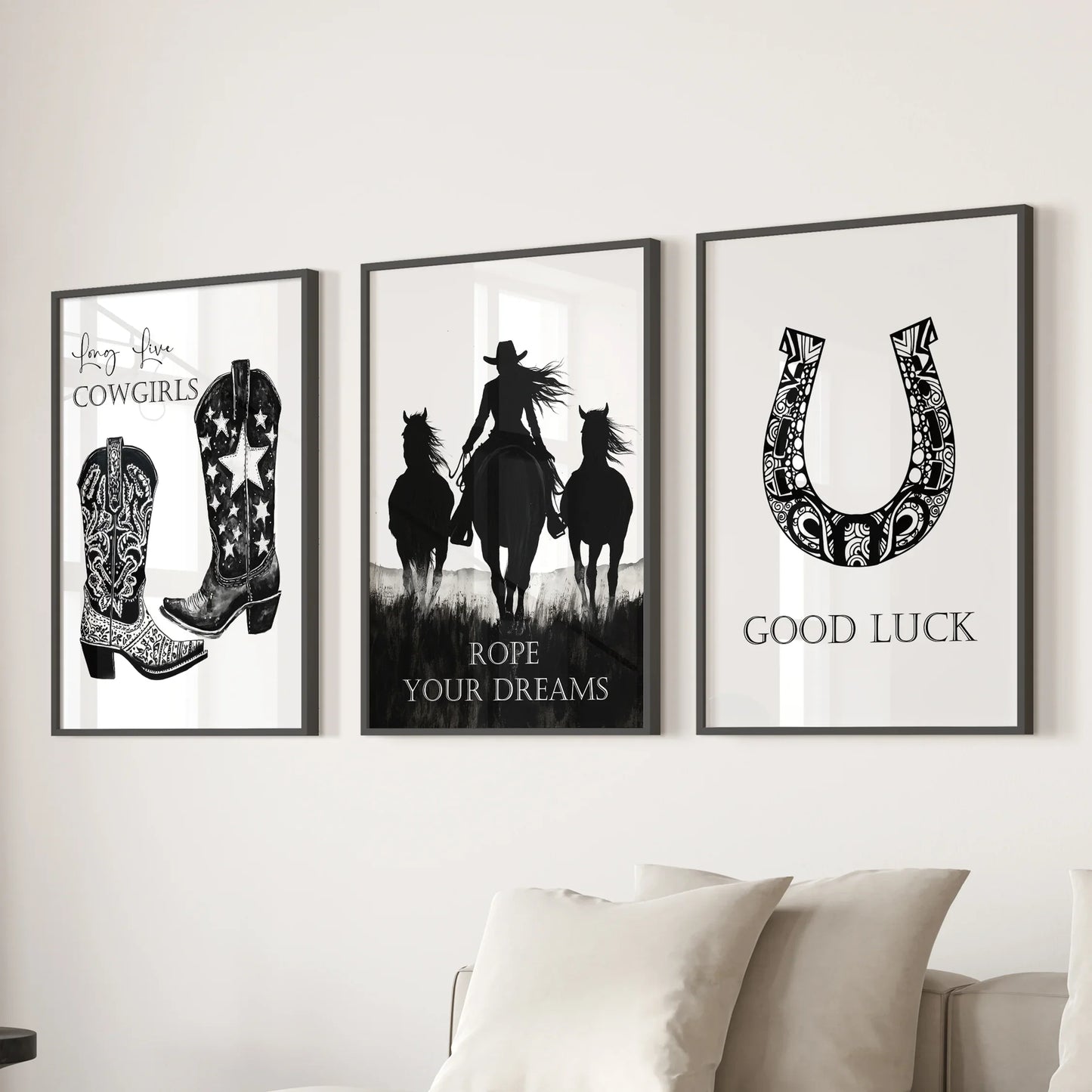 Western Cowgirl Wall Art Set of 3 Black and White Prints