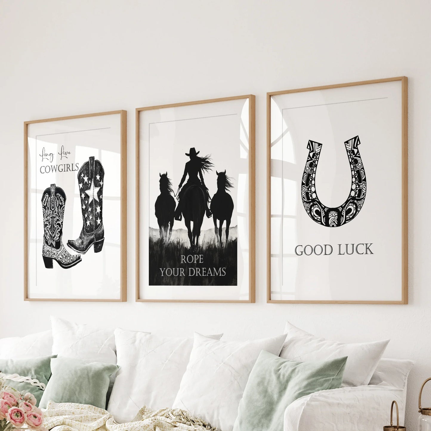 Western Cowgirl Wall Art Set of 3 Black and White Prints