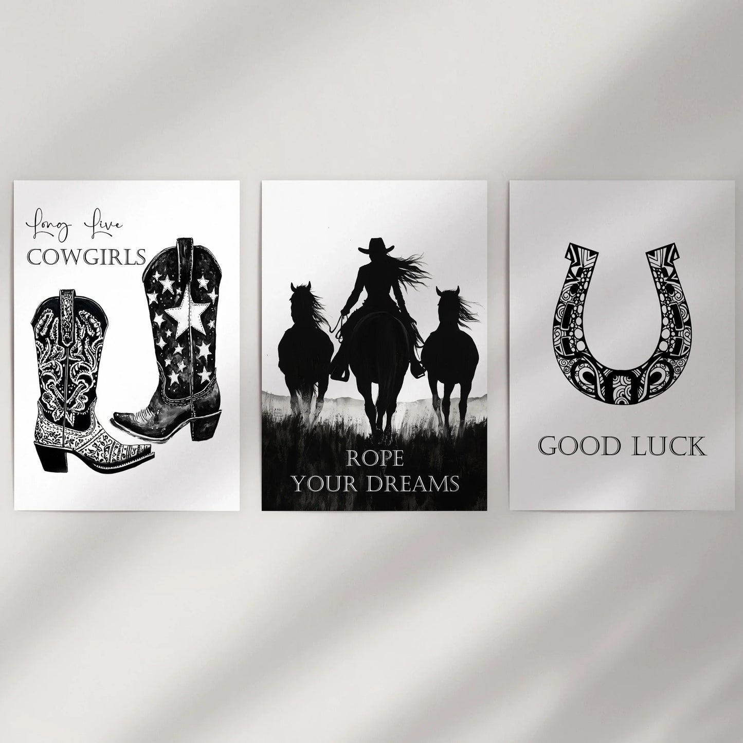Western Cowgirl Wall Art Set of 3 Black and White Prints