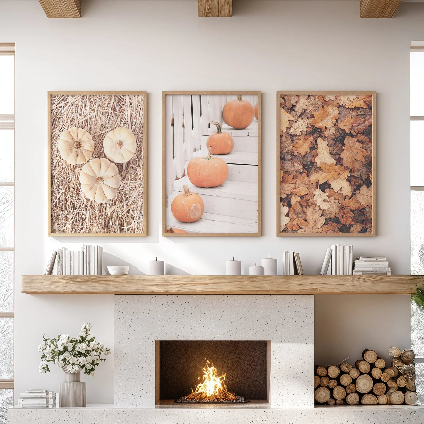 Cozy Fall Wall Art Set of 3 Pumpkins and Autumn Leaves