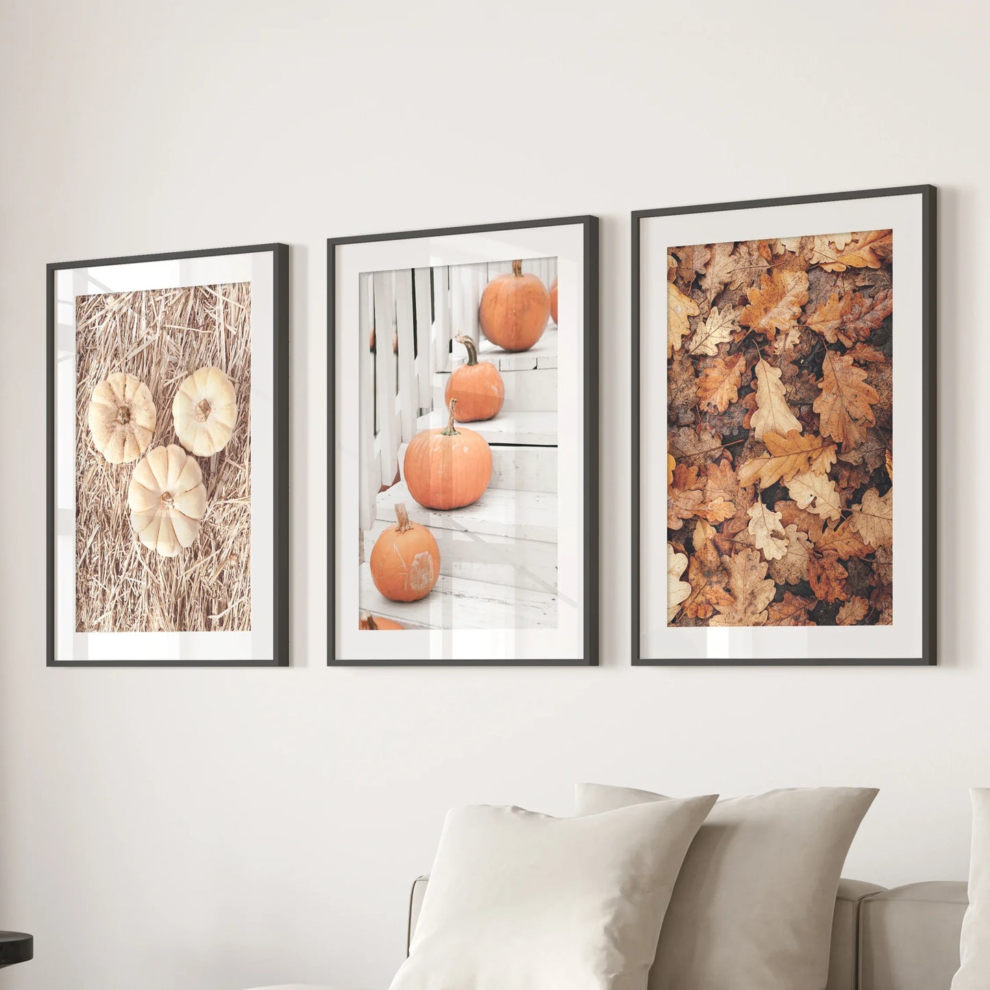 Cozy Fall Wall Art Set of 3 Pumpkins and Autumn Leaves