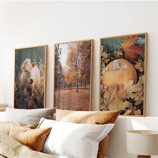 Autumn farmhouse cow and fall wall art set of 3 prints
