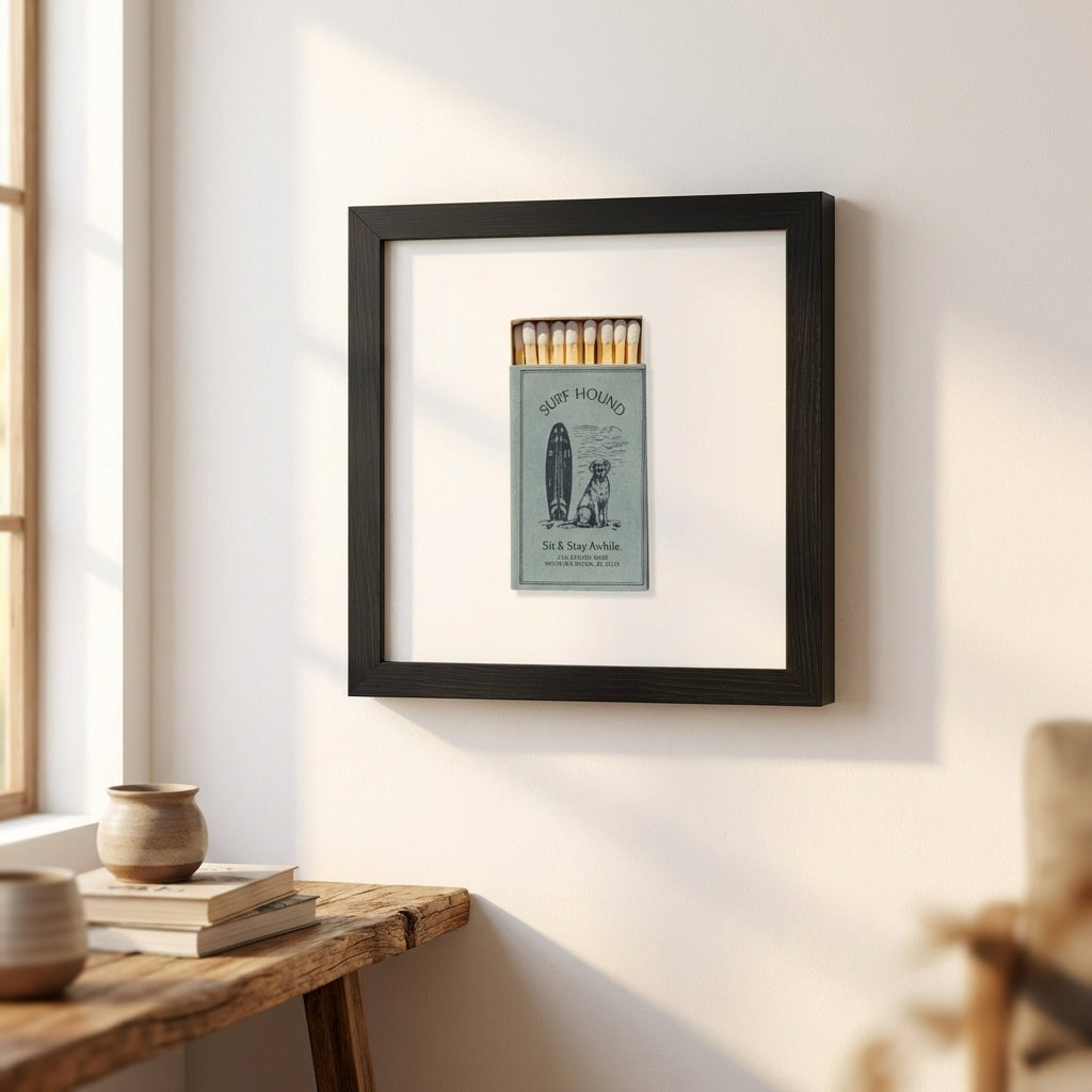 Surf Hound framed photo wall art, retro surf scene with a dog, ready to hang