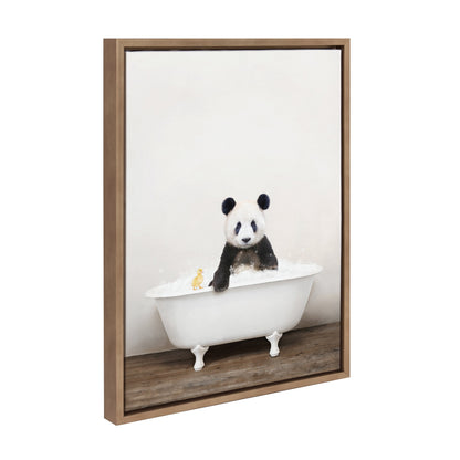 Panda Waving in Rustic Bath Framed Canvas Wall Art