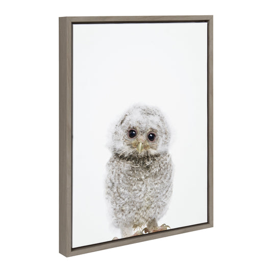Framed canvas portrait of a wide-eyed owl for woodland nursery and reading nook wall decor