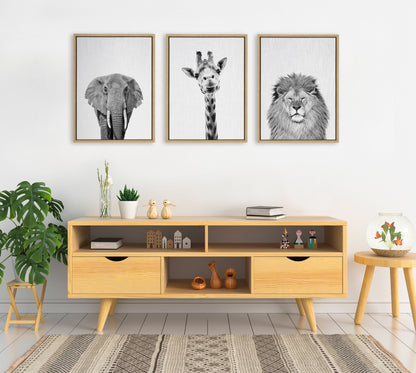 Sylvie Elephant Giraffe and Lion Framed Canvas by Simon Te of Tai Prints