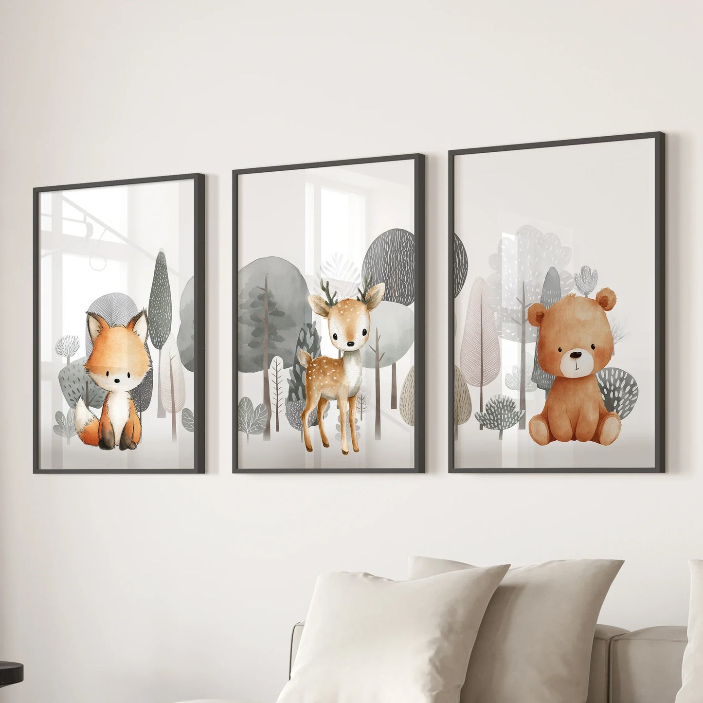 Woodland Animal Nursery Wall Art, Fox Fawn Bear Set of 3