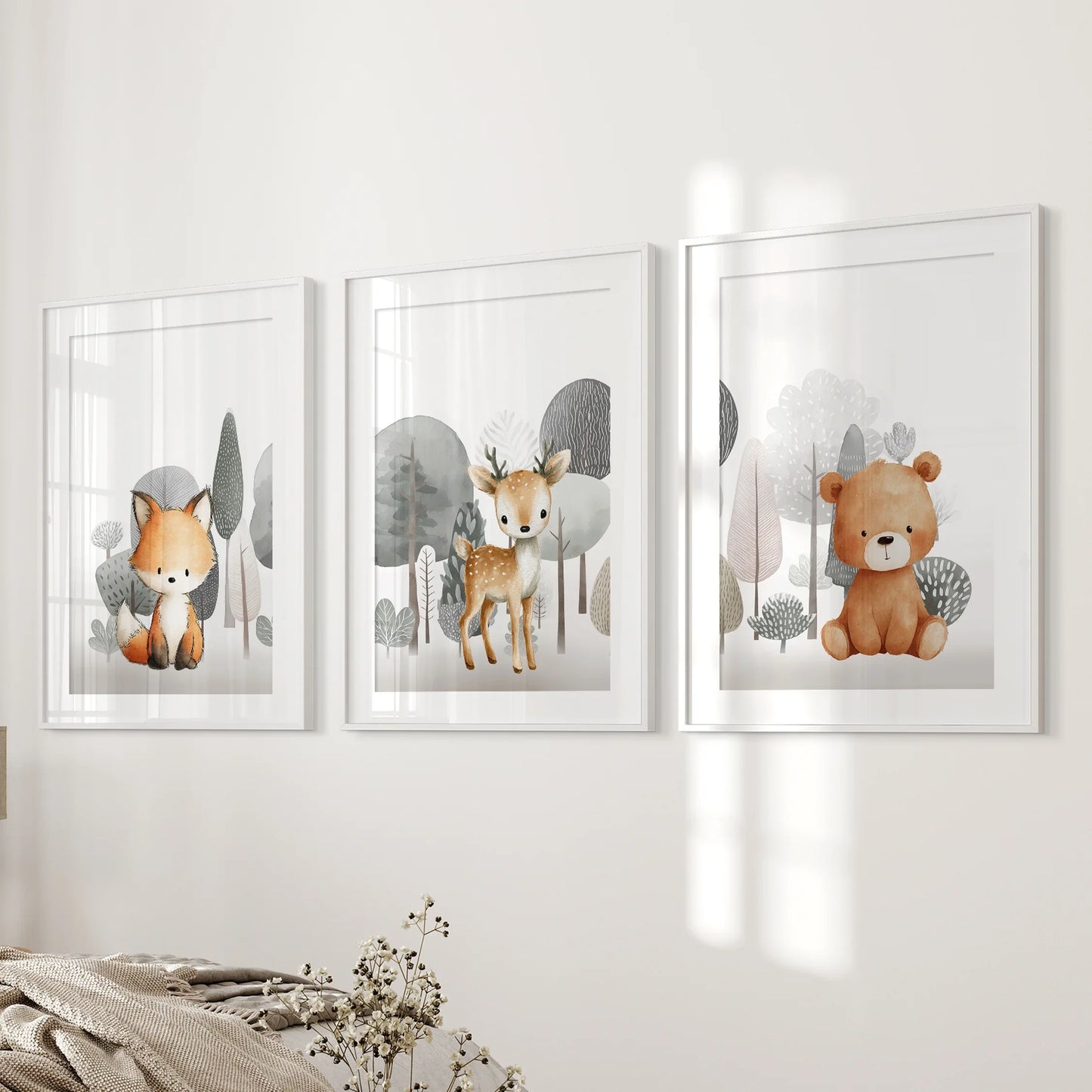 Woodland Animal Nursery Wall Art, Fox Fawn Bear Set of 3