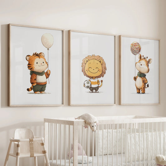Woodland jungle nursery wall art set of 3 with lion, giraffe, and tiger in watercolor