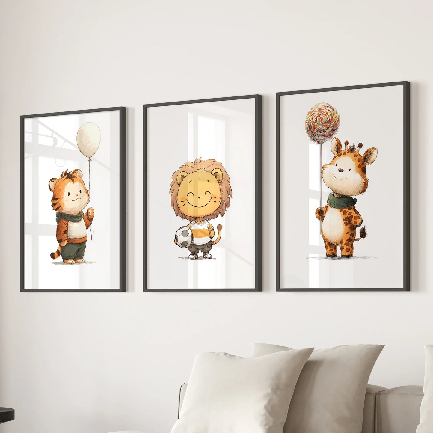 Woodland Jungle Nursery Wall Art Set of 3 - Lion, Giraffe, Tiger