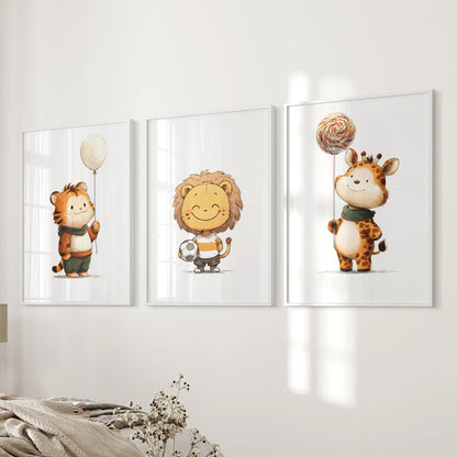 Woodland Jungle Nursery Wall Art Set of 3 - Lion, Giraffe, Tiger