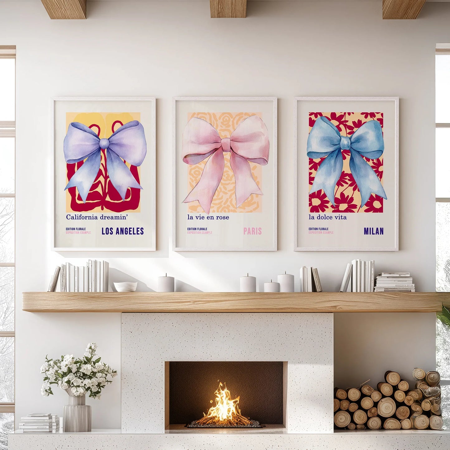 Girly Bow Wall Art Set of 3 Preppy Pastel Prints