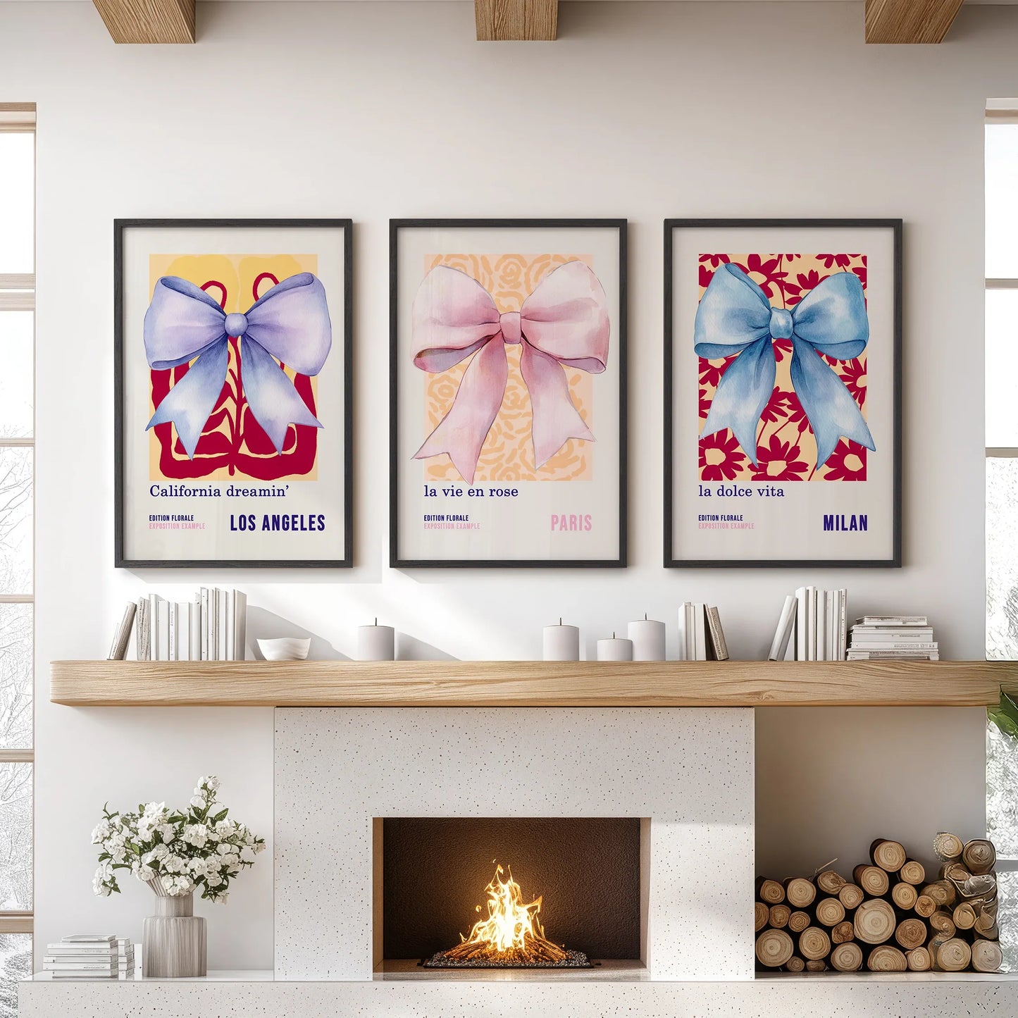 Girly Bow Wall Art Set of 3 Preppy Pastel Prints