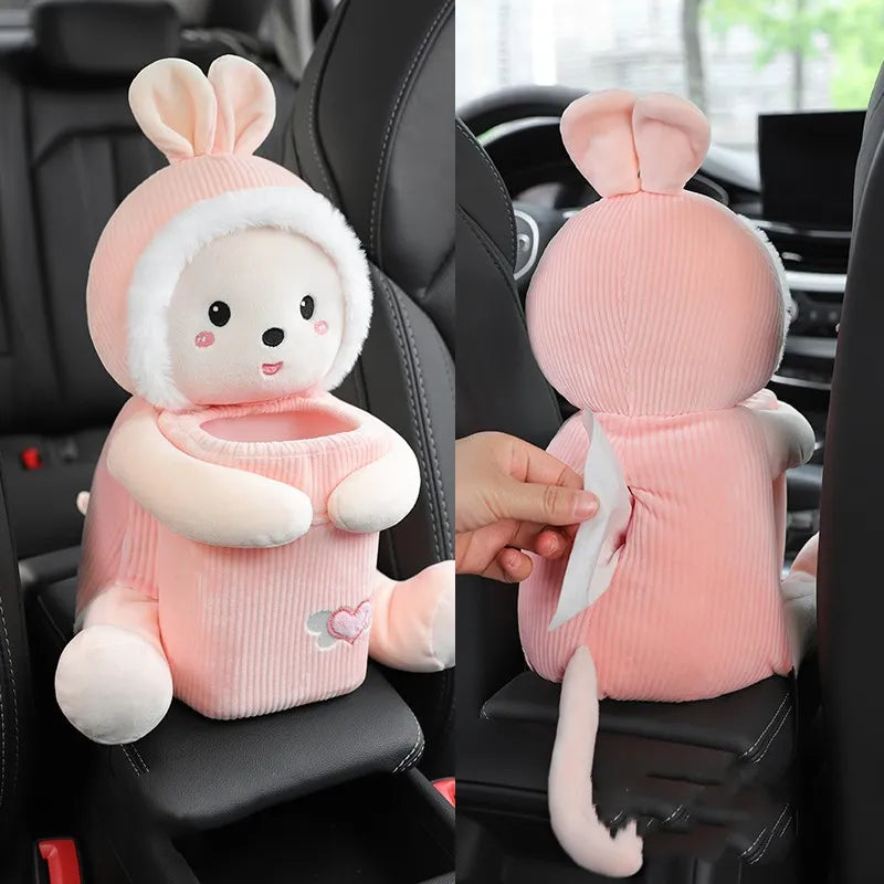 cute rabbit car tissue holder with trash sleeve