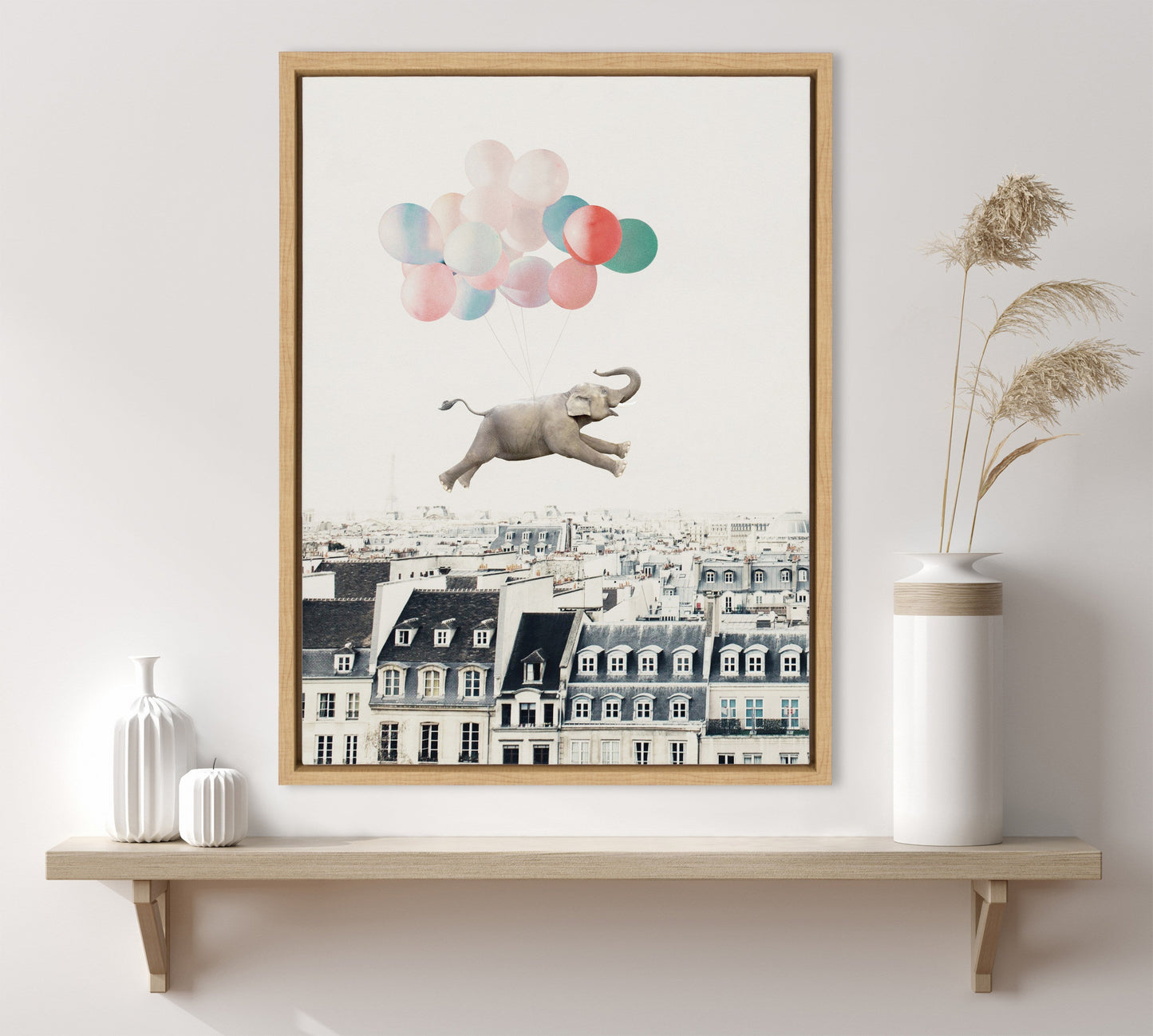 Happy Elephant in Paris Framed Canvas Wall Art Print