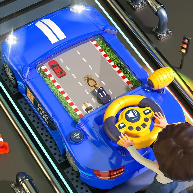 child using steering wheel toy driving simulator
