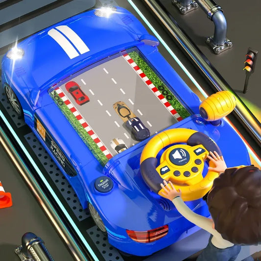 child using steering wheel toy driving simulator