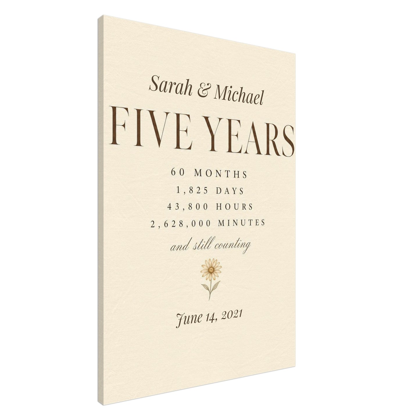 Personalized 5 Year Anniversary Canvas with names and wedding date, gallery-wrapped and ready to hang