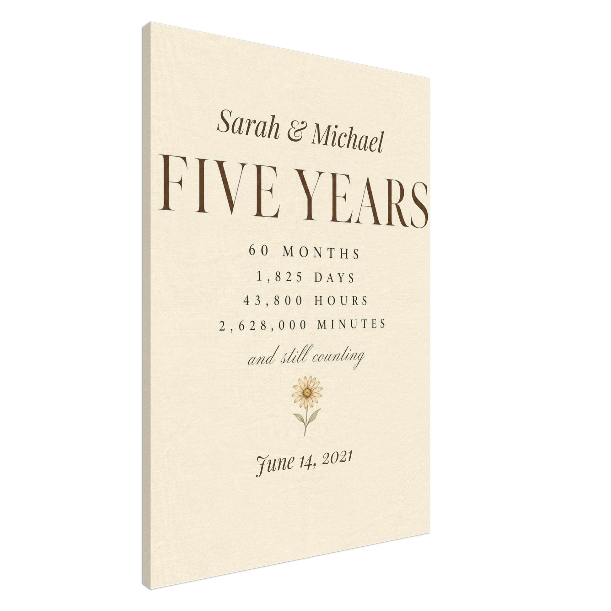 Personalized 5 Year Anniversary Canvas with names and wedding date, gallery-wrapped and ready to hang