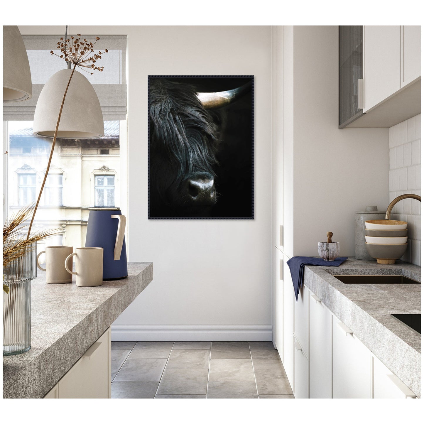 Minimalist Black Highland Cow Framed Canvas Wall Art