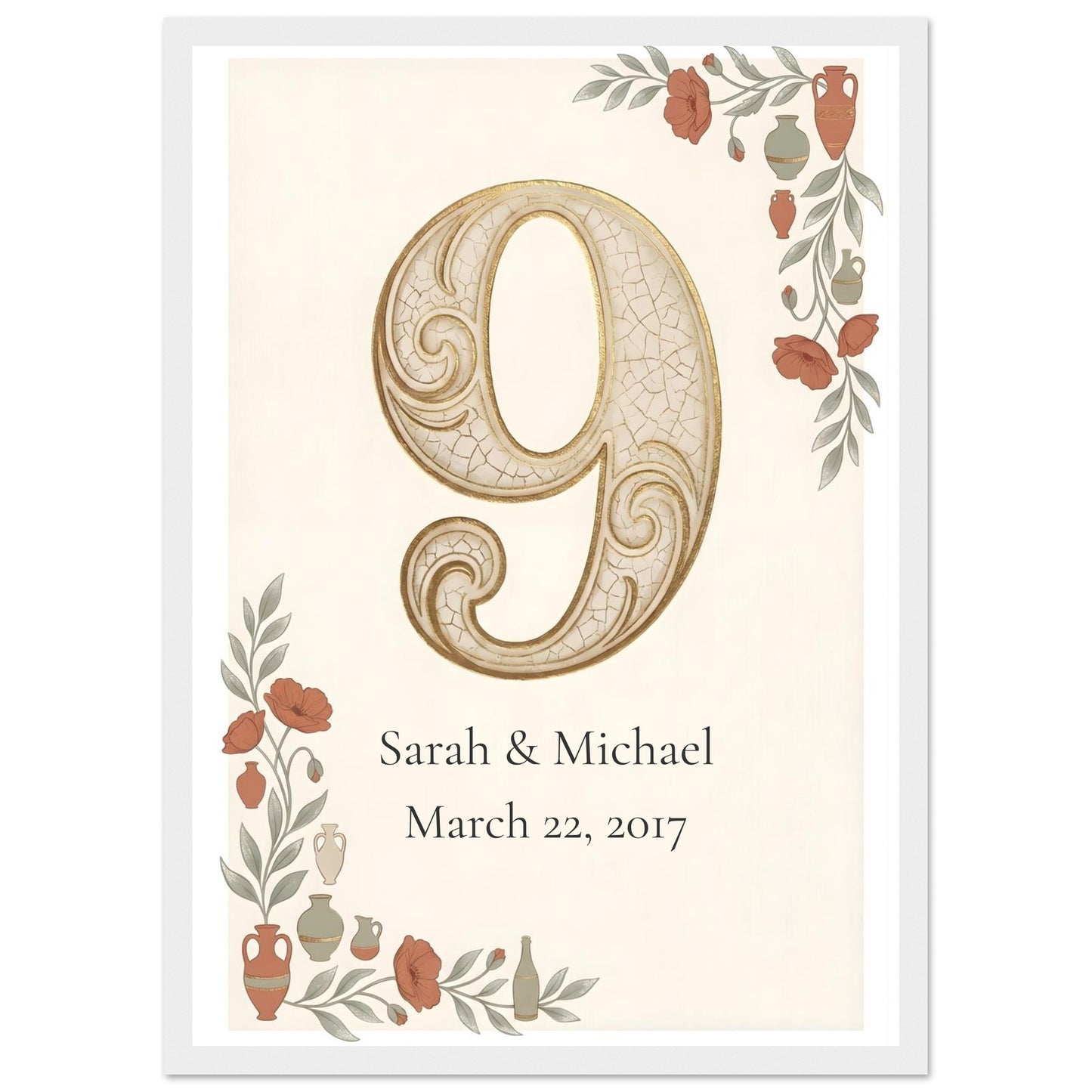 Personalized 9th Anniversary Wall Art - A3 (29.7 x 42 cm) - White frame / Ready-to-hang - Sparkycare