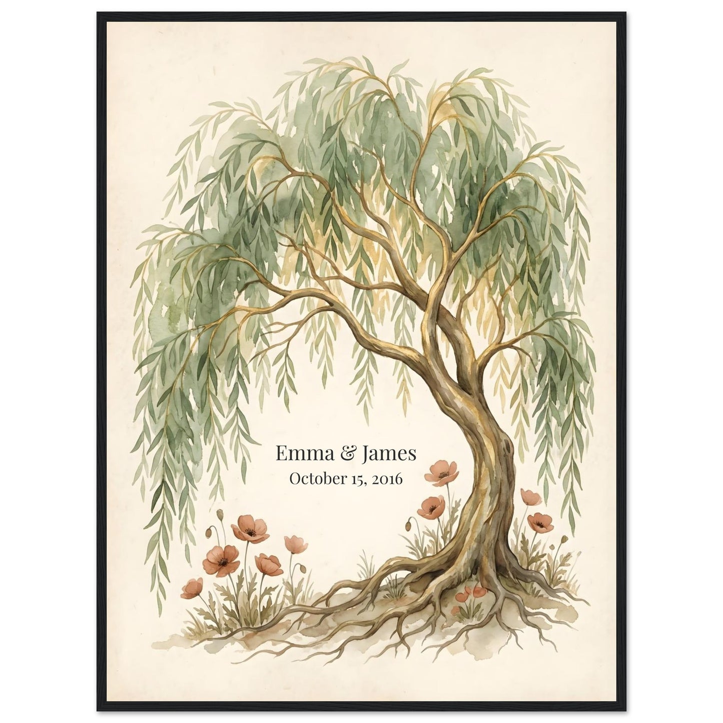 Personalized Willow Tree 9th Anniversary Wall Art - 60x80 cm / 24x32″ - Black frame / Ready-to-hang - Sparkycare