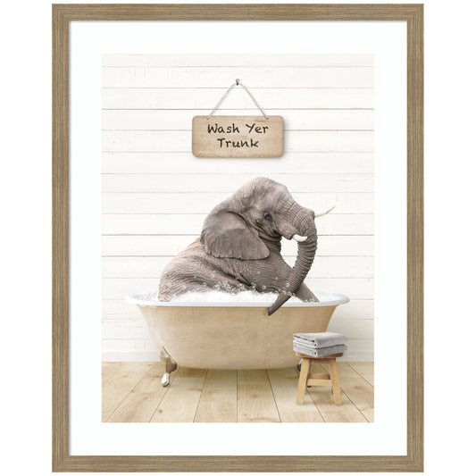 Young elephant wash your trunk framed wall art print for a bathroom