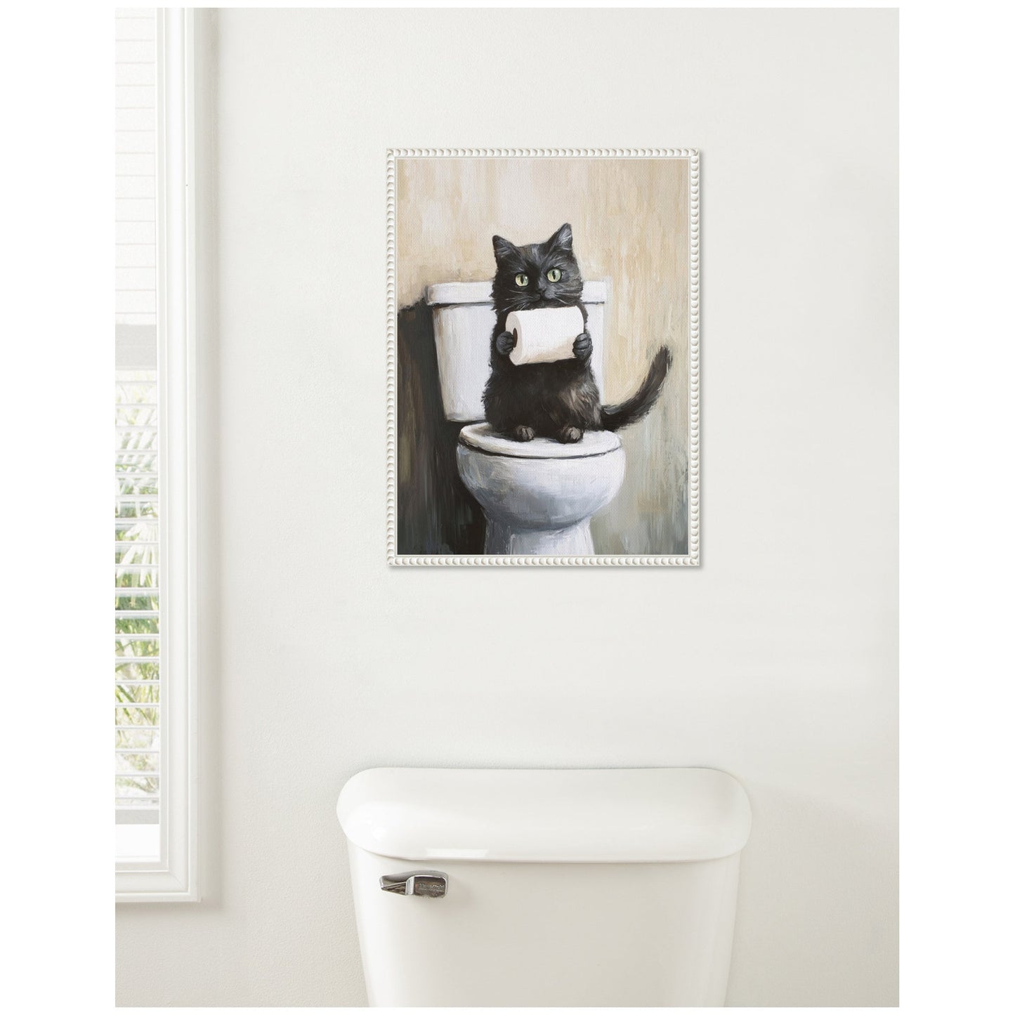 Mischievous Black Cat Bathroom Framed Canvas