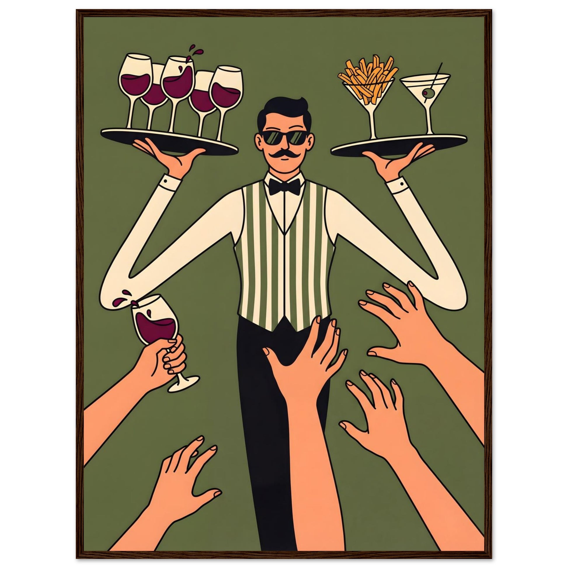 Retro Waiter Bar Art, Framed Server Wall Decor - 20x25 cm / 8x10″ - White frame / Ready-to-hang - Sparkycare