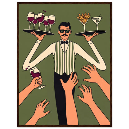 Retro Waiter Bar Art, Framed Server Wall Decor - 20x25 cm / 8x10″ - White frame / Ready-to-hang - Sparkycare