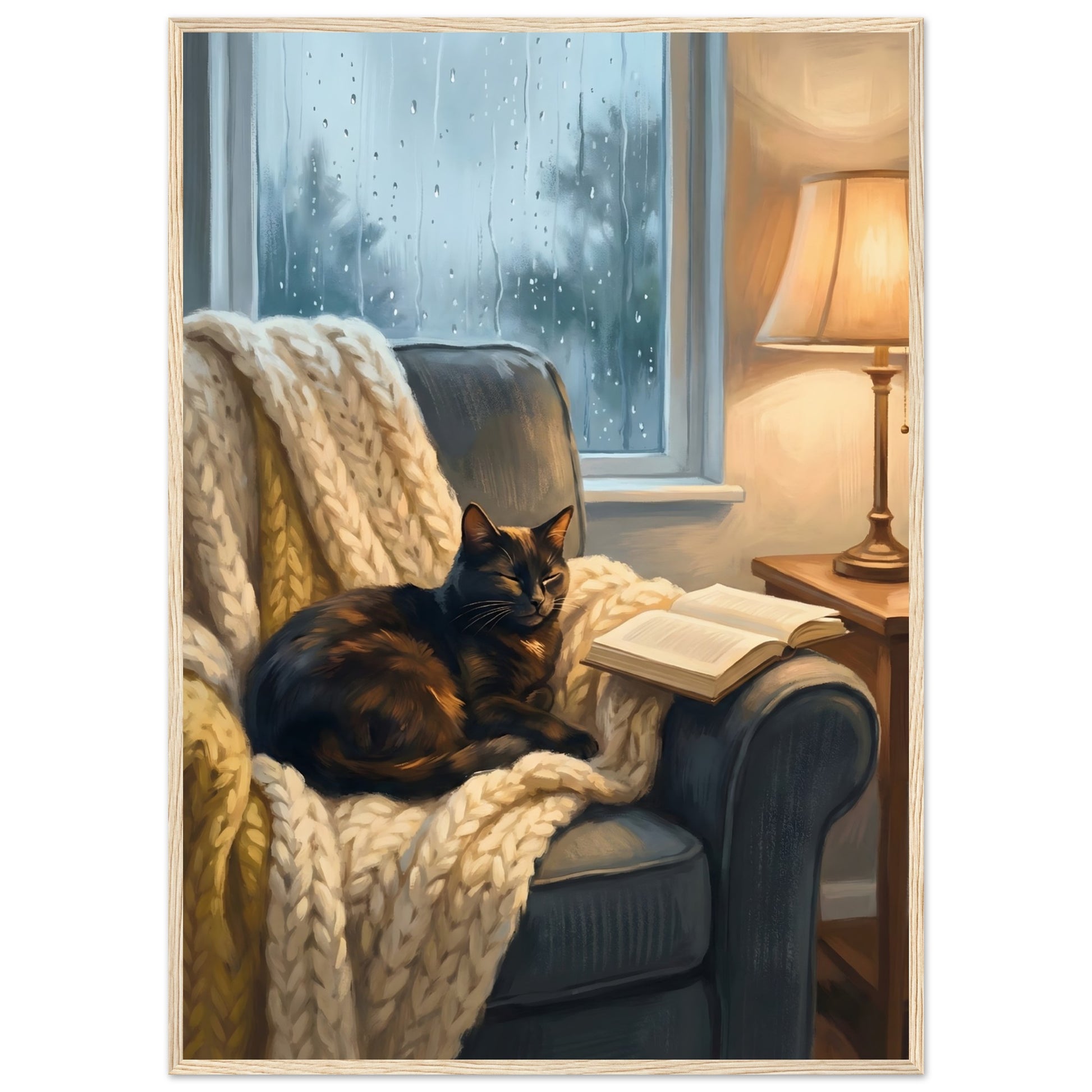Cozy Cat Reading Poster - The Finishing Touch Your Reading Nook Needs - A1 (59.4 x 84.1 cm) - Wood frame / Ready-to-hang - Sparkycare