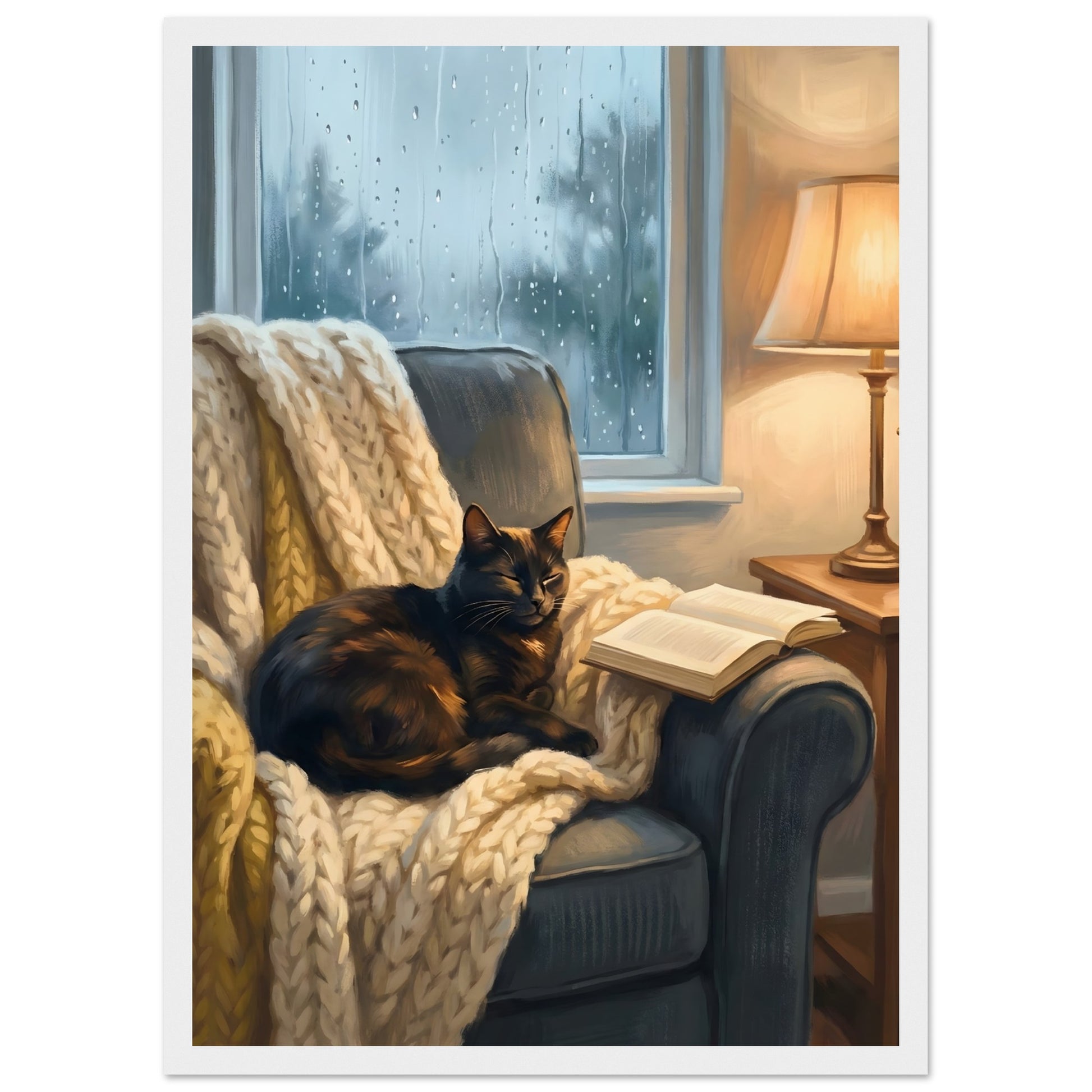 Cozy Cat Reading Poster - The Finishing Touch Your Reading Nook Needs - A3 (29.7 x 42 cm) - White frame / Ready-to-hang - Sparkycare