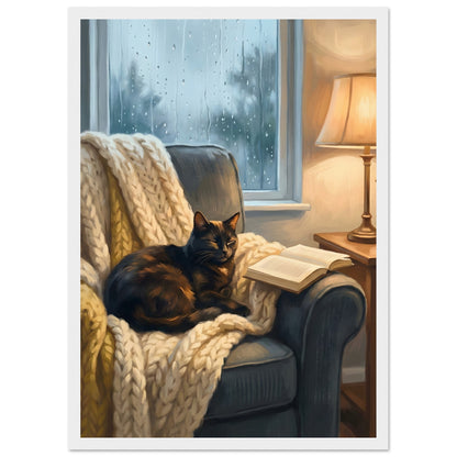 Cozy Cat Reading Poster - The Finishing Touch Your Reading Nook Needs - A3 (29.7 x 42 cm) - White frame / Ready-to-hang - Sparkycare