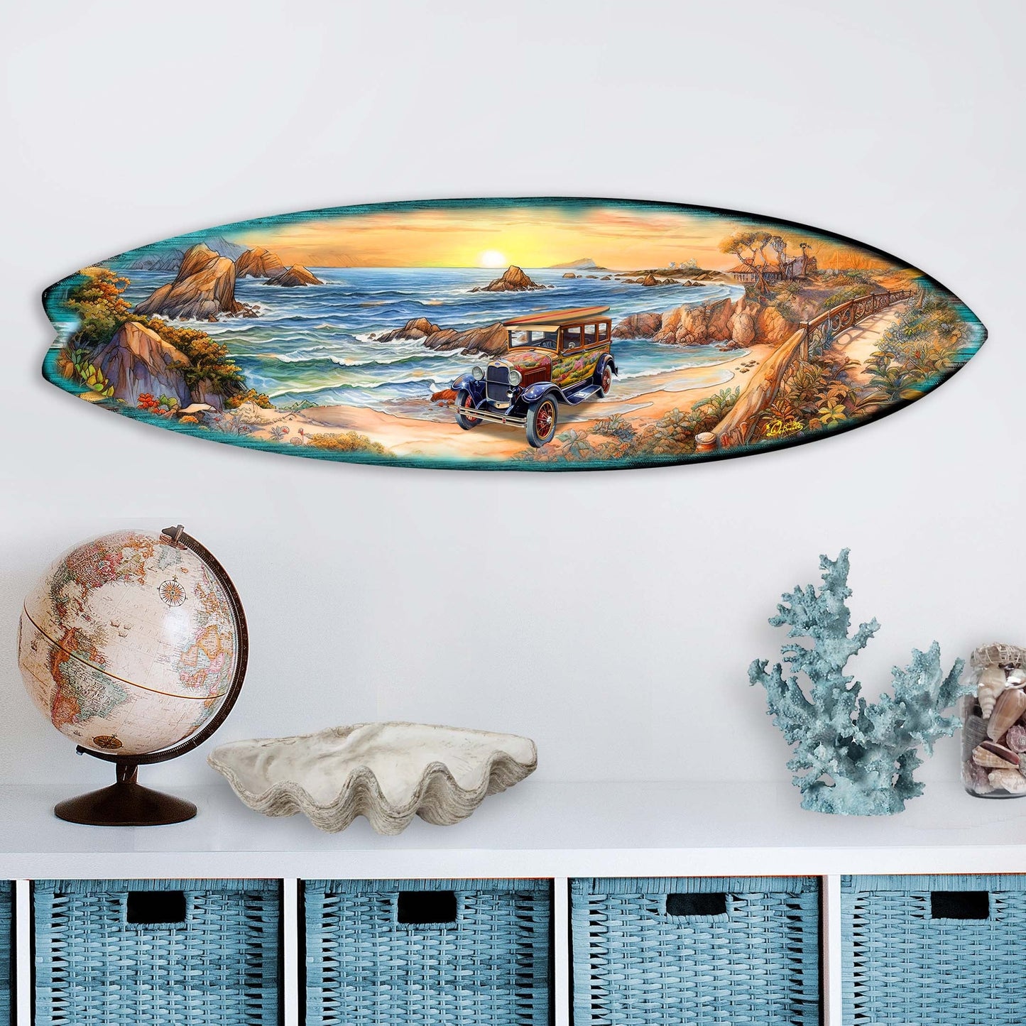 Beach Sunrise Surfboard Wood Wall Art - Coastal Decor