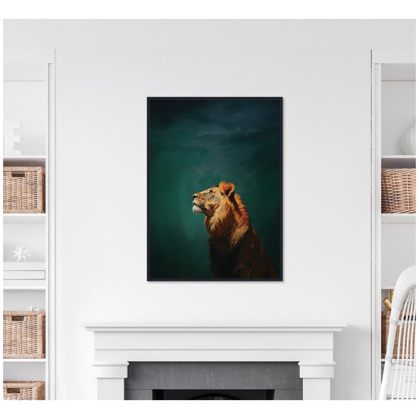 Lion on Tonal Blue Teal Abstract Framed Canvas Wall Art