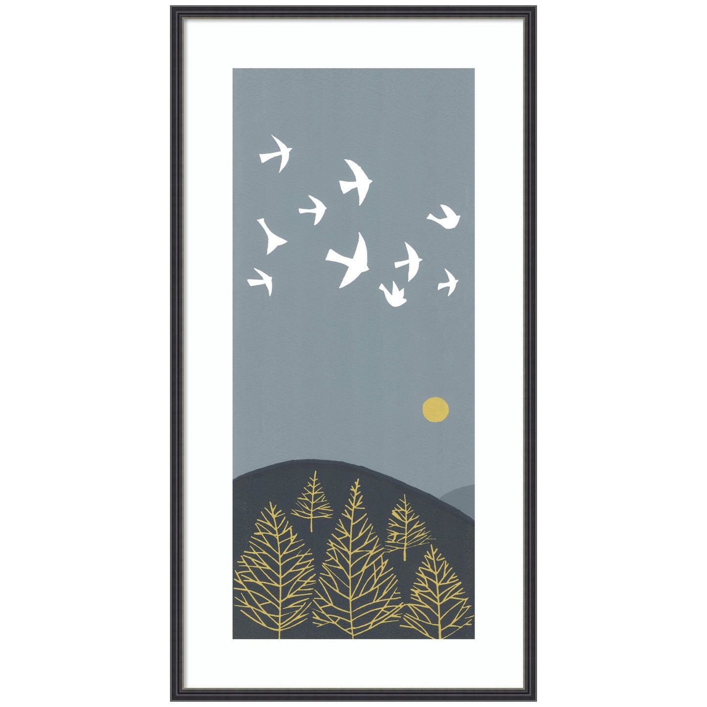 Hilltop Flight linocut birds in flight framed wall art print