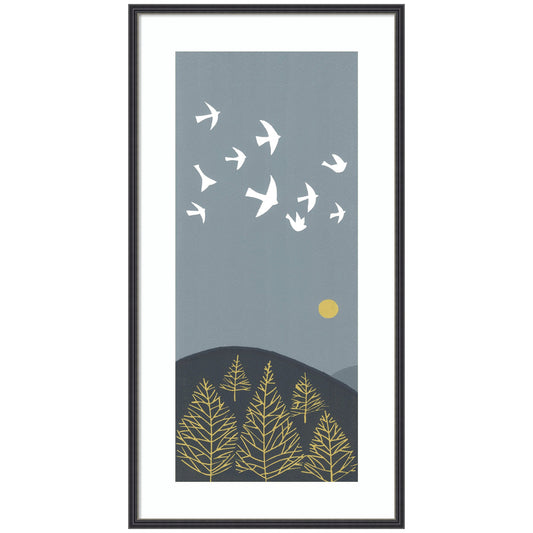 Hilltop Flight linocut birds in flight framed wall art print