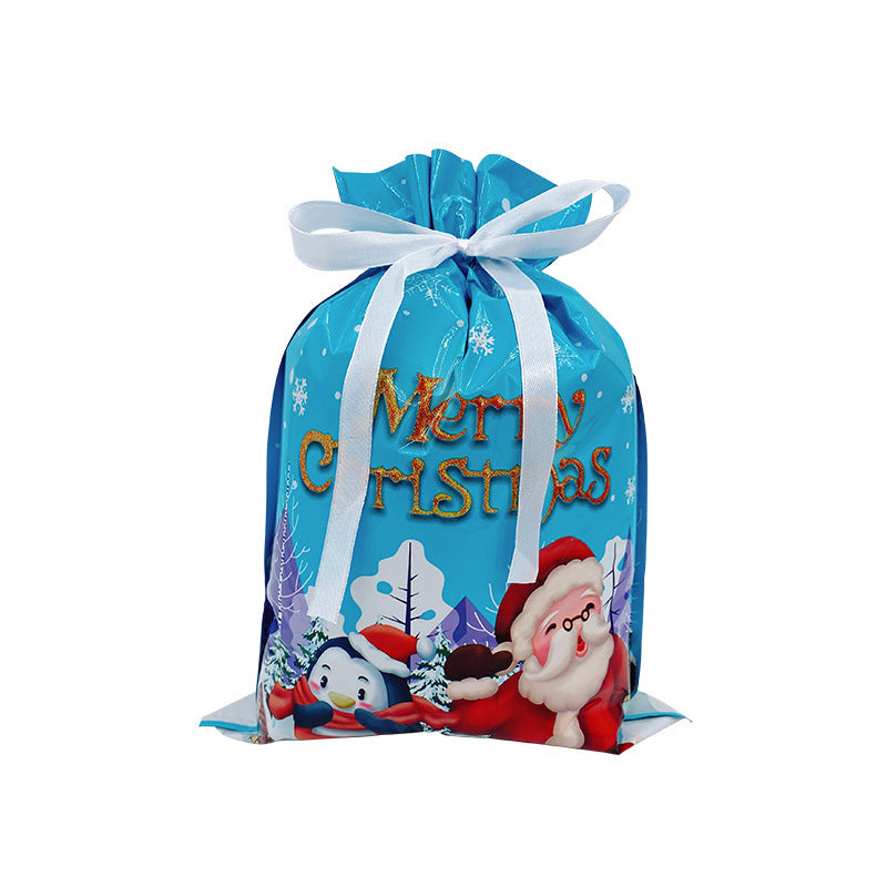 Blue gift bag with Santa Claus and penguins design, tied with a white ribbon on a white background.