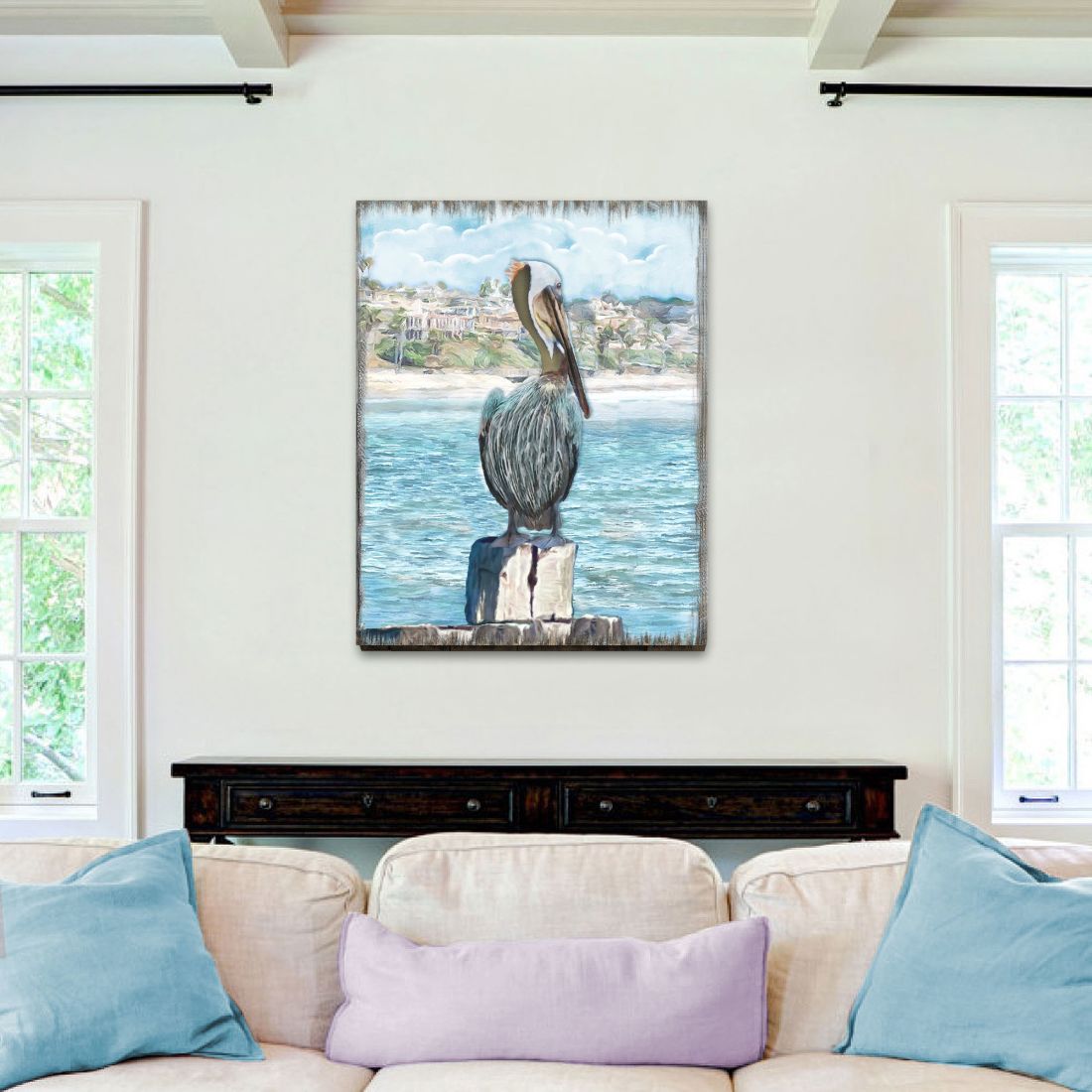 Handcrafted wood pelicans coastal shoreline wall art