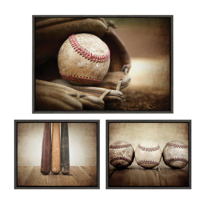 Vintage baseball framed canvas art set with bats, glove, and baseballs, easy to hang