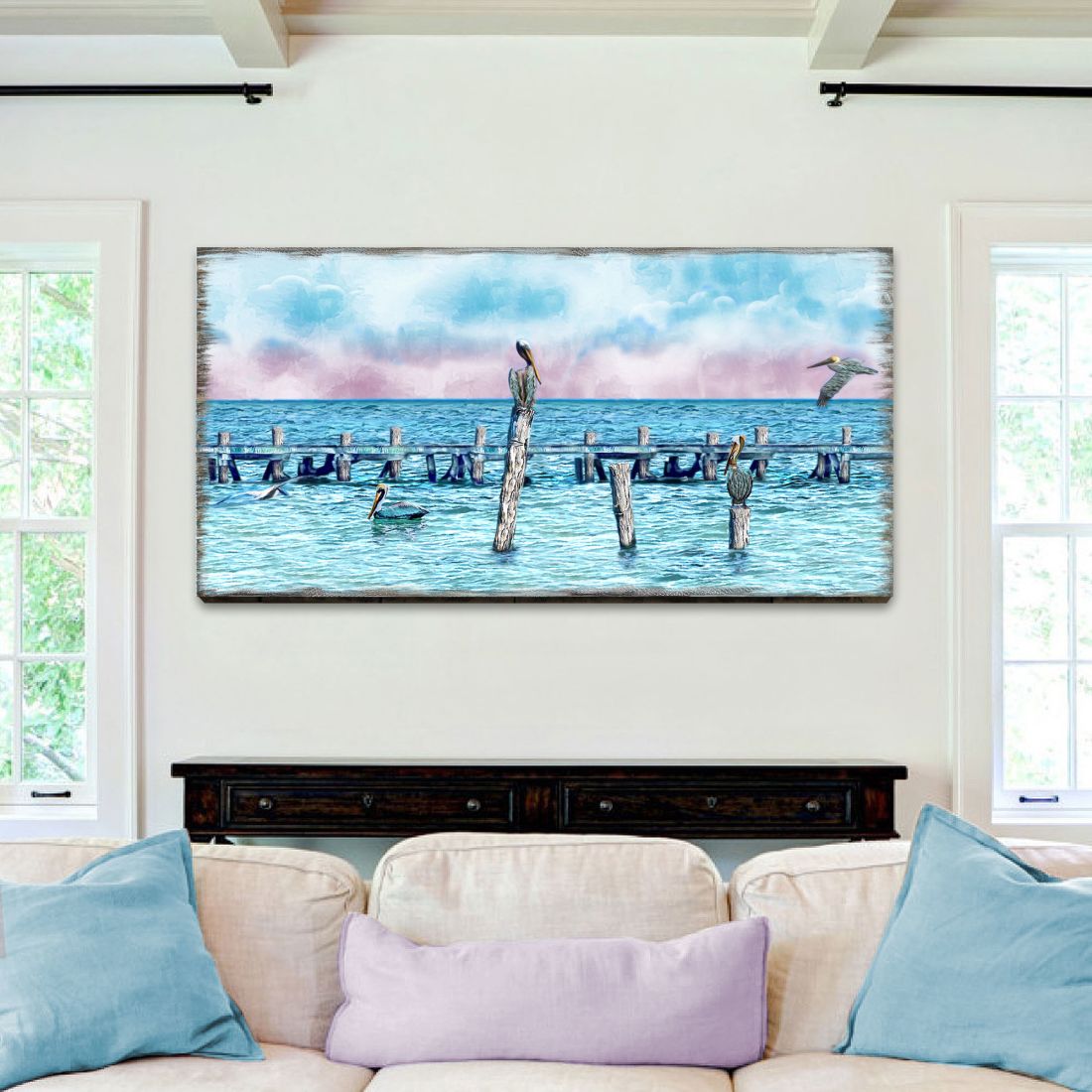 Handcrafted wood pelicans and seagulls coastal wall art