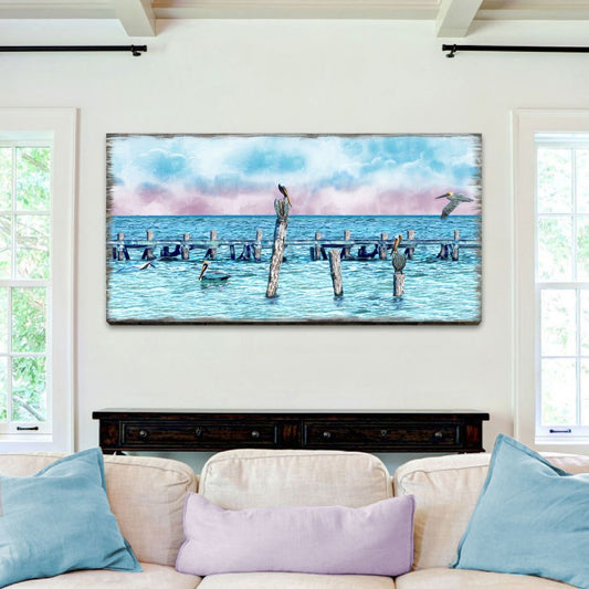Handcrafted wood pelicans and seagulls coastal wall art