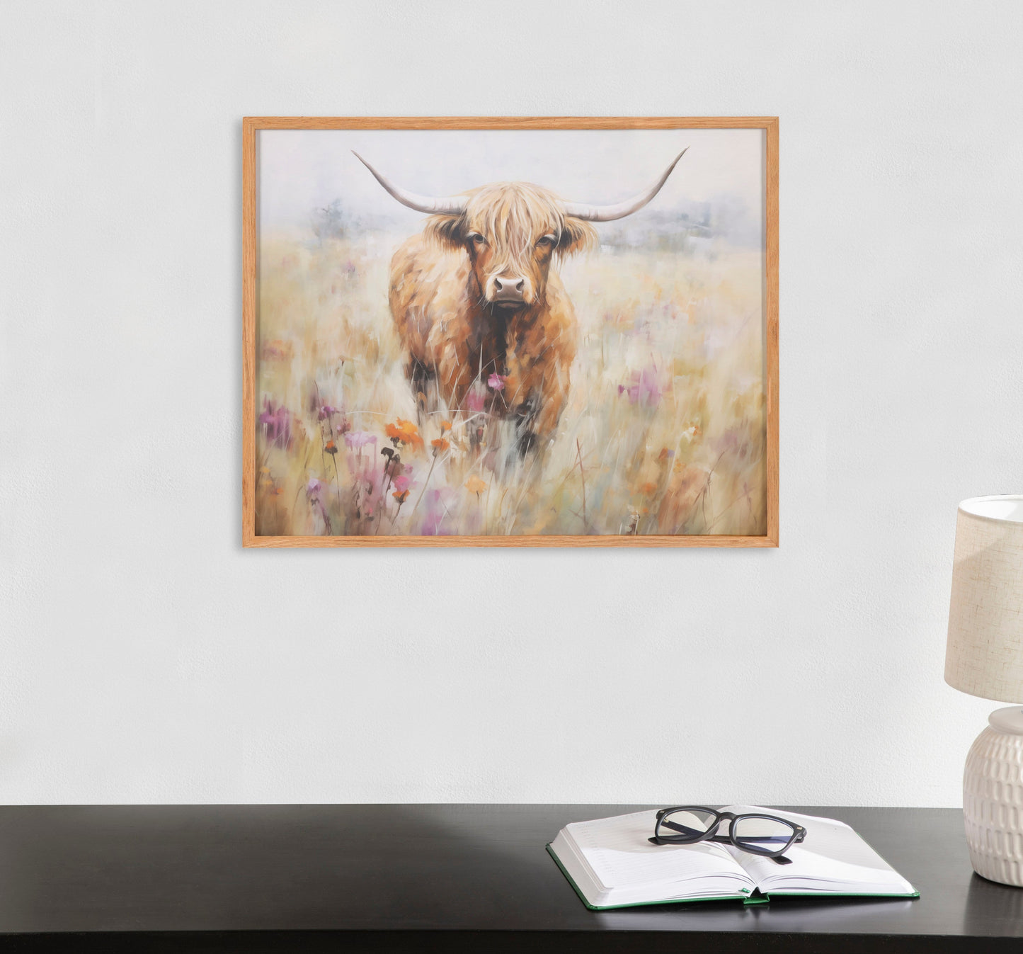 Highland Cow in a Flower Field Framed Wall Art Print