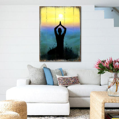 Yoga wood block wall art, handcrafted wellness decor panel, ready to hang