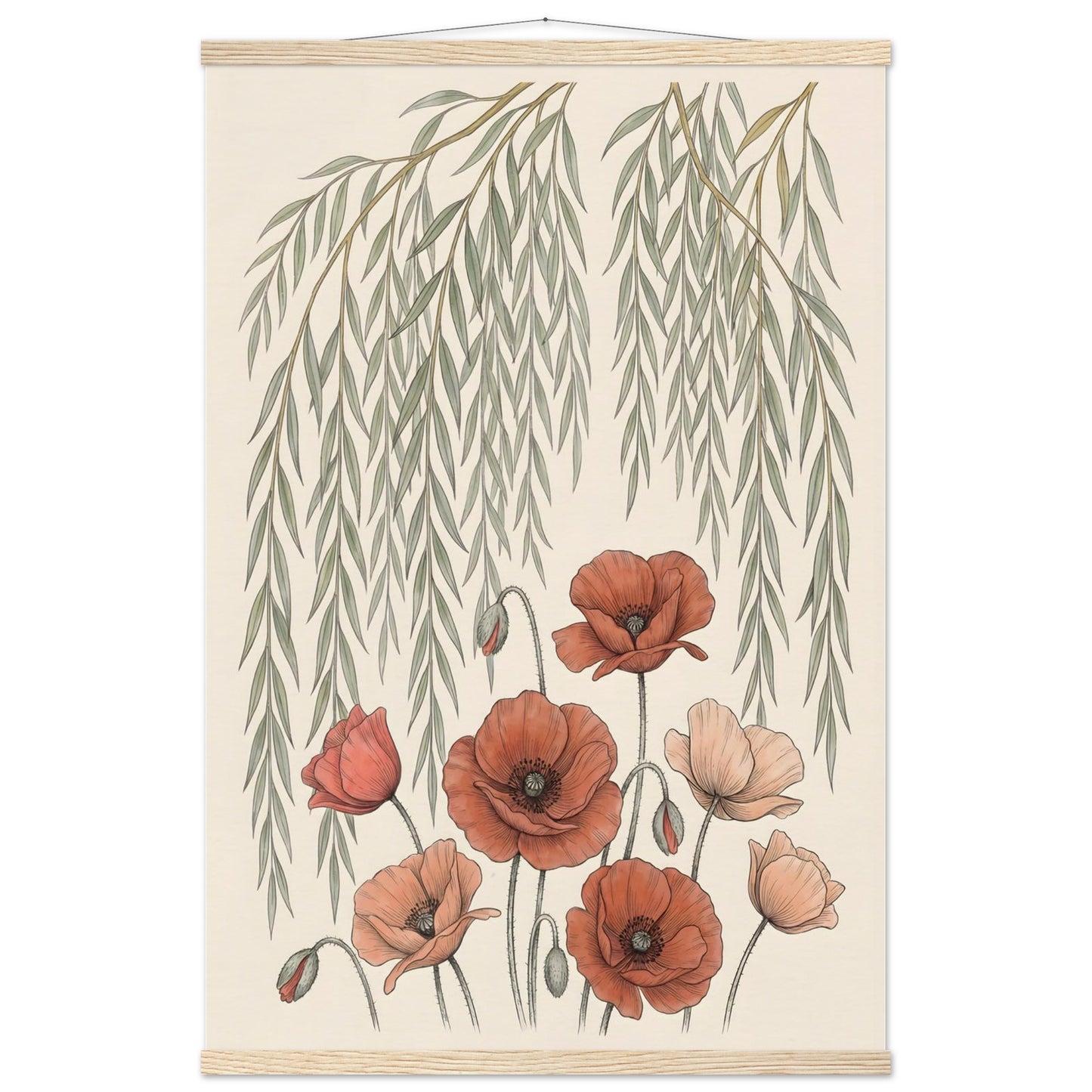 Willow Tree and Poppy Botanical 9th Anniversary Wall Art - 60x90 cm / 24x36″ / Museum-Quality Matte Paper Poster with Hanger - Natural wood wall hanger - Sparkycare