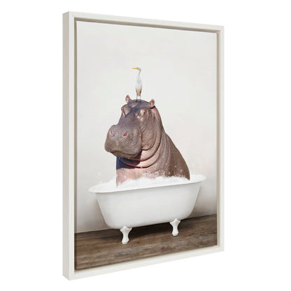 Hippo and Bird in Rustic Bath Framed Canvas Art