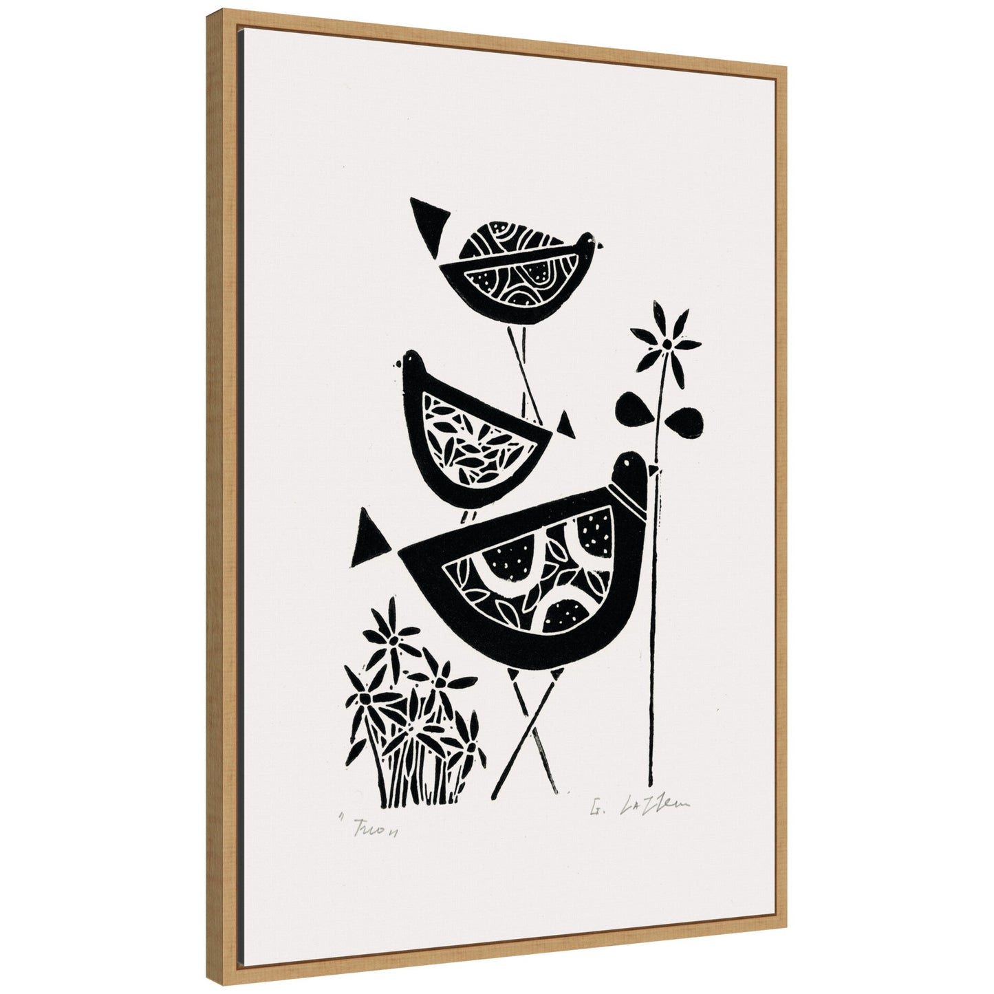 Folk Bird Family Trio Linocut Framed Canvas Wall Art