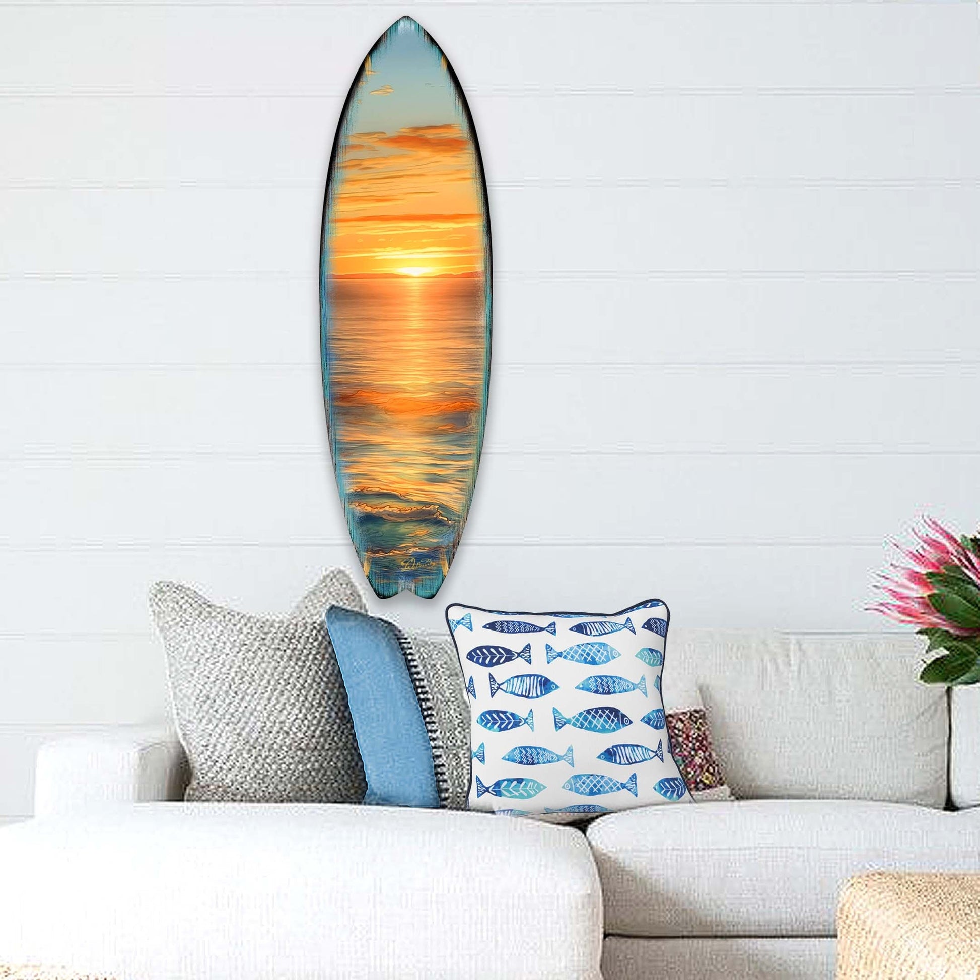 Golden waves sunset surfboard wood wall art, handcrafted birchwood coastal panel, ready to hang