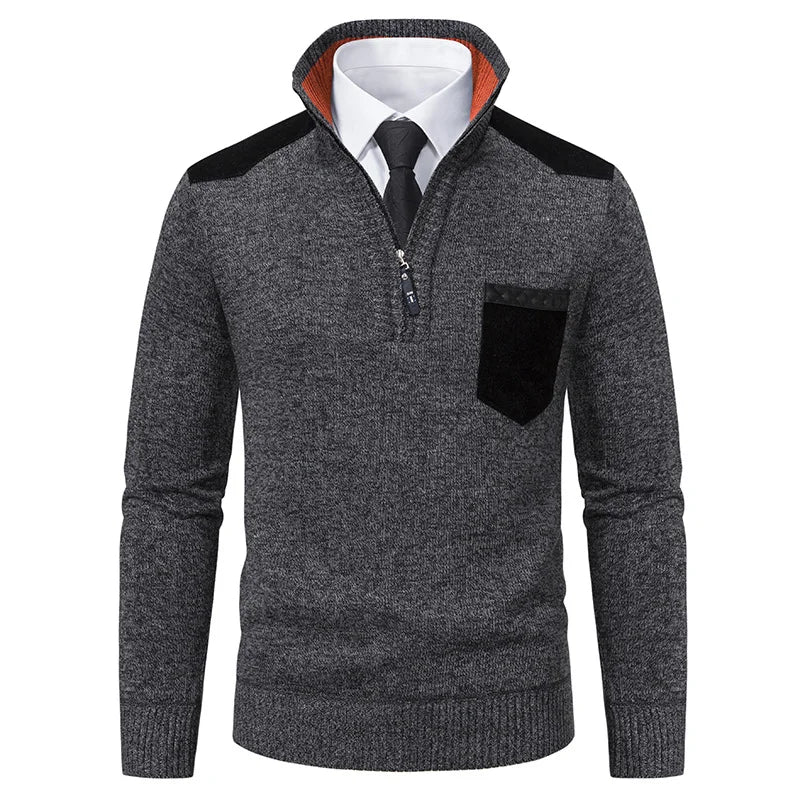 dark gray men’s half zip sweater with contrast pocket
