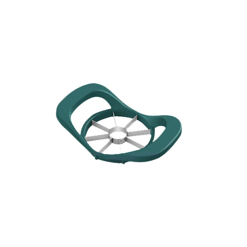 dark green handheld apple slicer with metal cutting blades